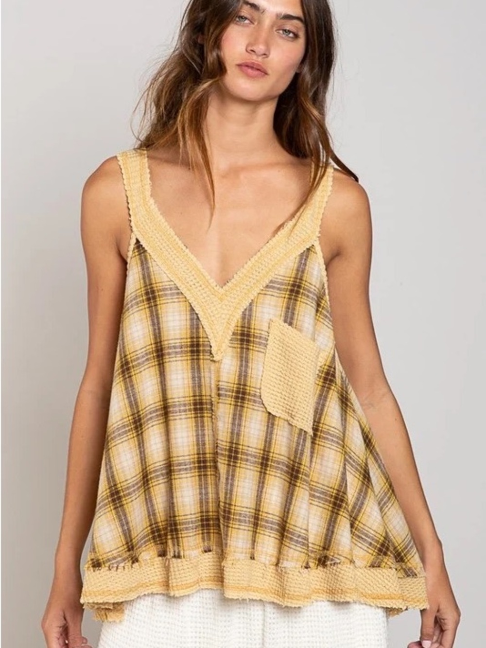 POL Yellow Plaid V-Neck Tank with Patch Pocket